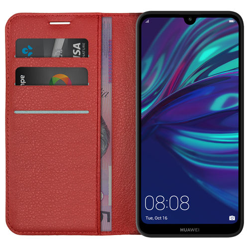 Leather Wallet Case & Card Holder Pouch for Huawei Y7 Pro (2019) - Red